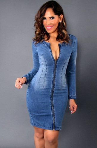 Denim kot elbise fermuarlı model