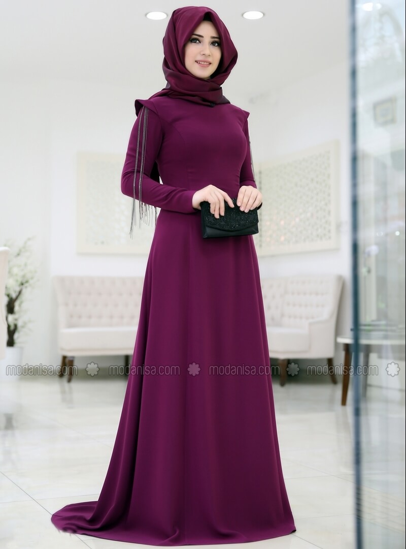 büşra zincirli abiye mürdüm somfashion